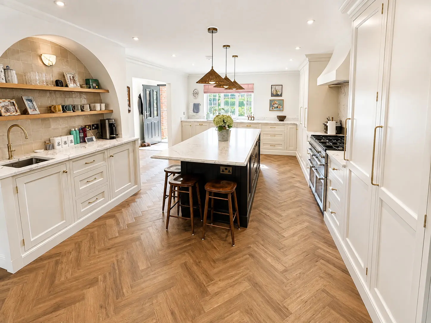 Kitchen with marble worktops, island seating and garden views