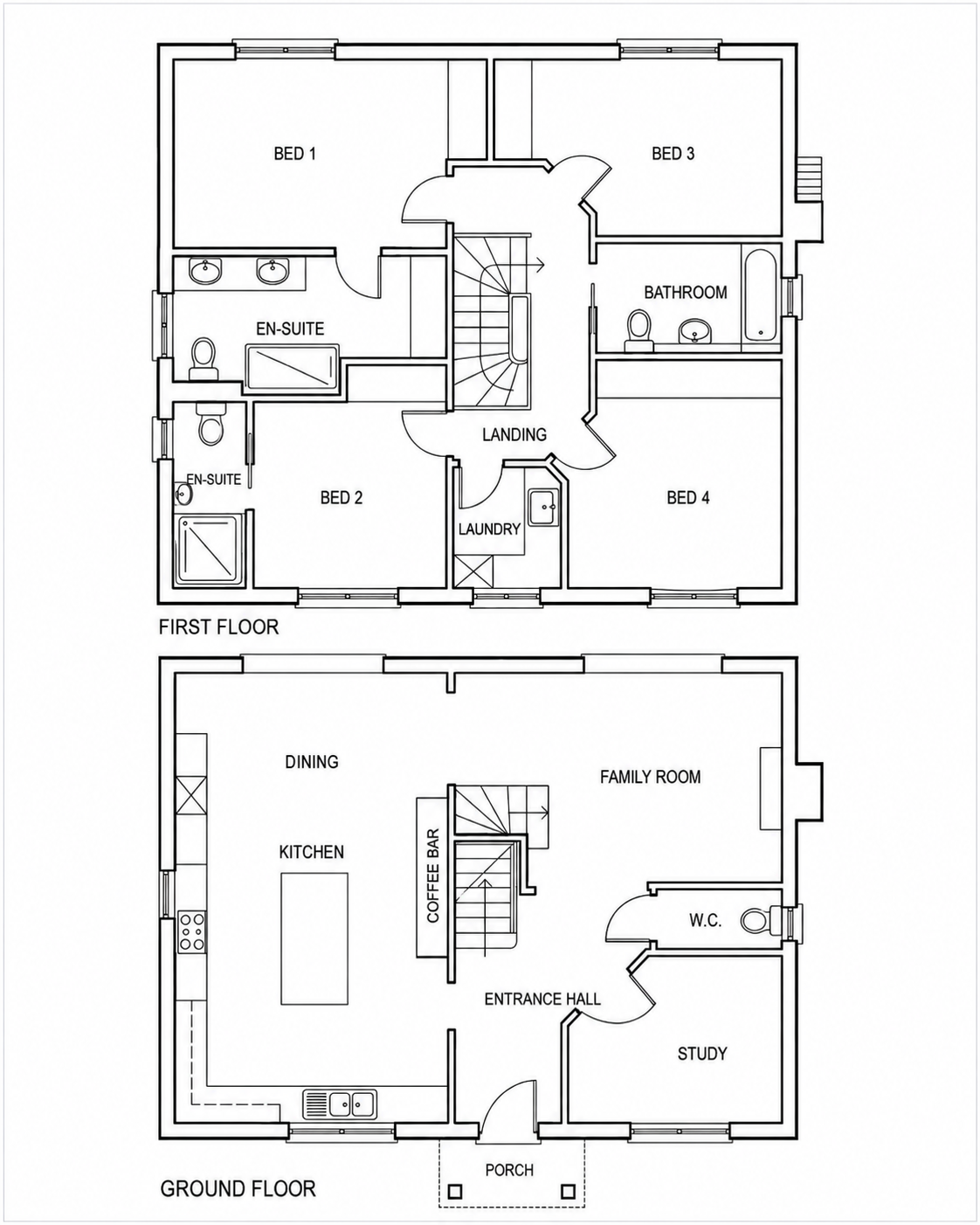 Floor plan of the Weybridge house: ground floor with entrance hall, open-plan kitchen and dining room, living room, study or playroom and WC; first floor with master bedroom and en-suite, guest bedroom and en-suite, two further bedrooms, family bathroom and laundry room