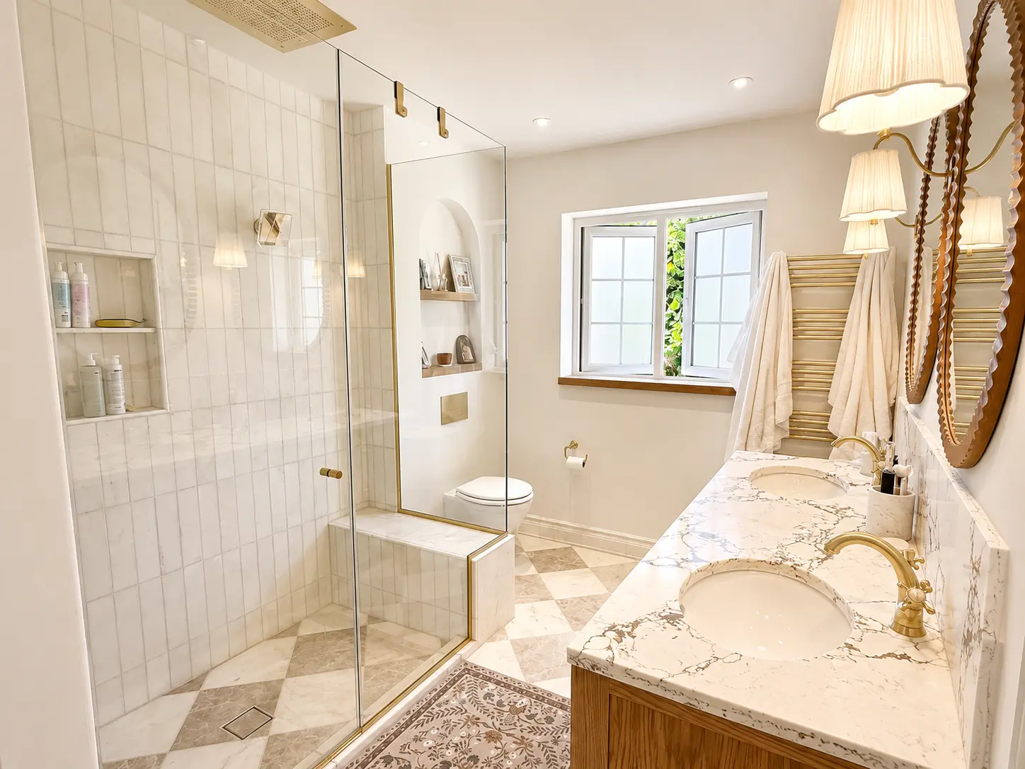 Main en-suite with a walk-in shower, twin marble basins and brass fittings